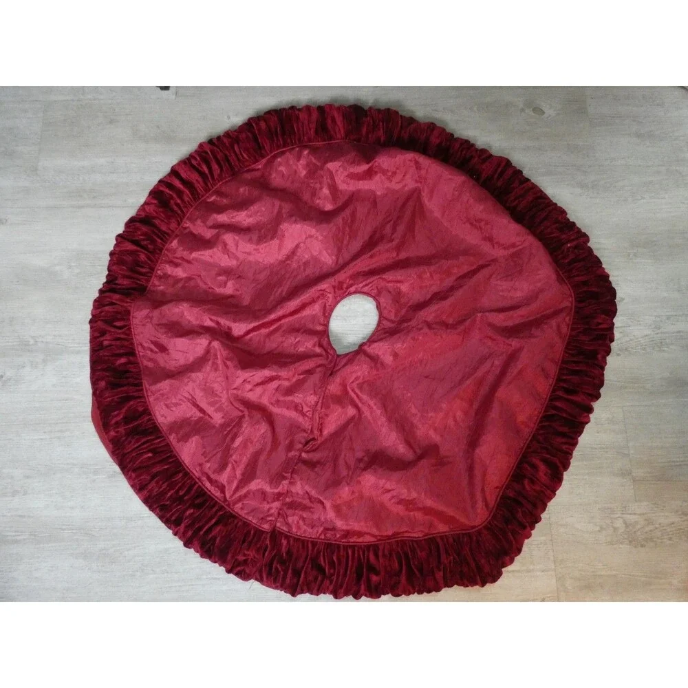 VTG Stratford Home Red Velvet & Satin Christmas Tree Skirt Ruffle 55